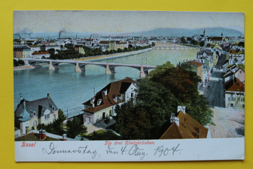 Postcard Basel / Three Rhine Bridges / 1904 / Streetview